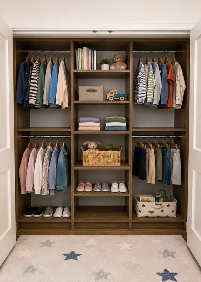 Children's custom reach-in closet with double hanging sections, shelving, toy storage, folded clothing organization, and shoe storage.
