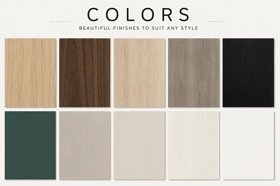 Custom closet colors and finishes display with white, woodgrain, textured, and neutral finish options for reach-in closet systems.