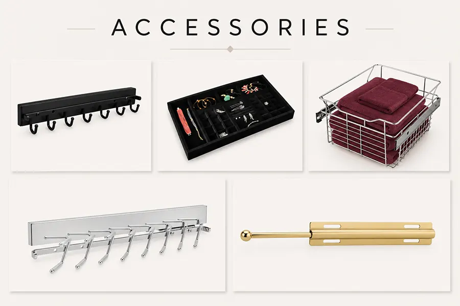 Custom reach-in closet accessories with pull-out hamper, valet rod, jewelry drawer, shoe shelves, and organized storage options.