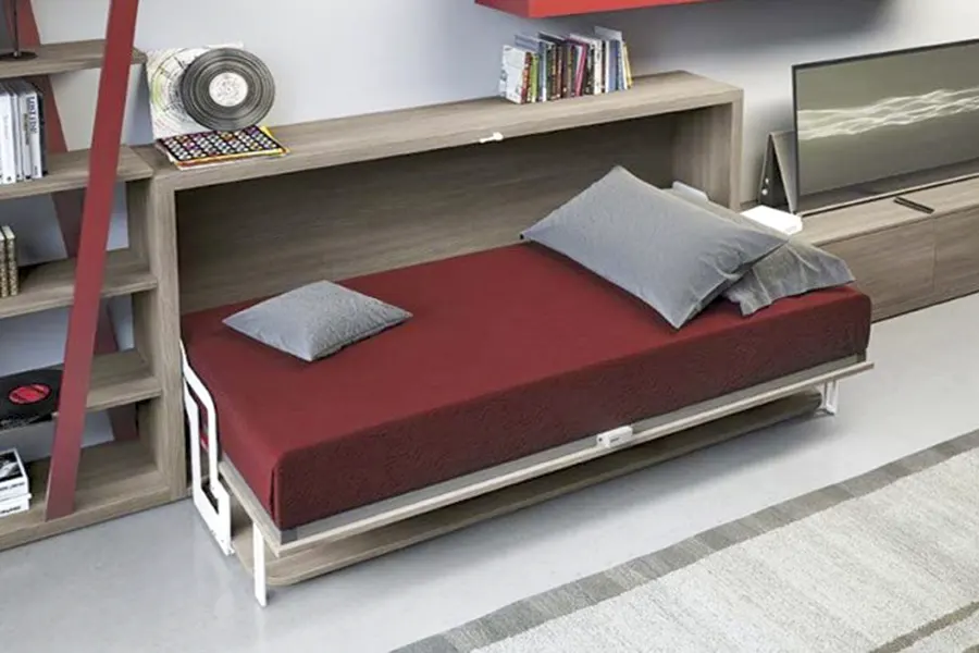 Custom horizontal Murphy bed in open position featuring a side-tilt wall bed design, integrated shelving, and space-saving functionality for guest rooms and multi-purpose spaces.
