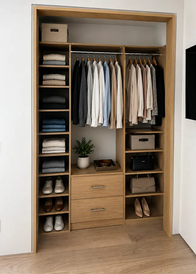 Custom reach-in closet with hanging storage, shelves, drawers, shoe organization, and personalized closet design.