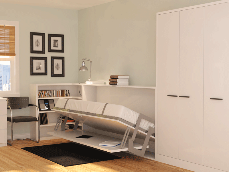 Horizontal twin Murphy bed with integrated desk and storage, transforming a home office into a guest room with a space-saving wall bed design.